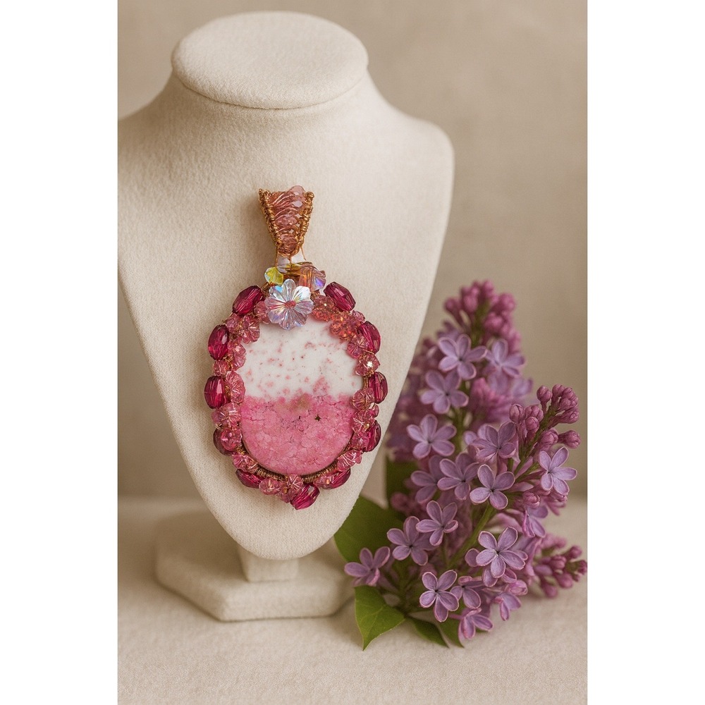 Pink Stone Copper Wire Wrapped Pendant Necklace Gemstone Handmade Jewelry‎